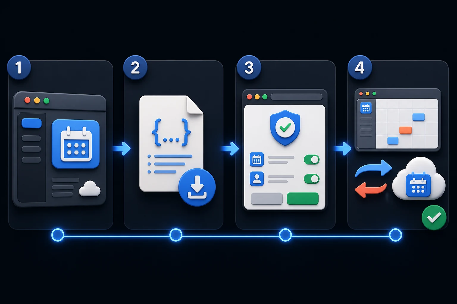 Google Cloud 프로젝트 준비, 인증 파일 다운로드, 브라우저 권한 승인, 양방향 캘린더 동기화의 네 단계