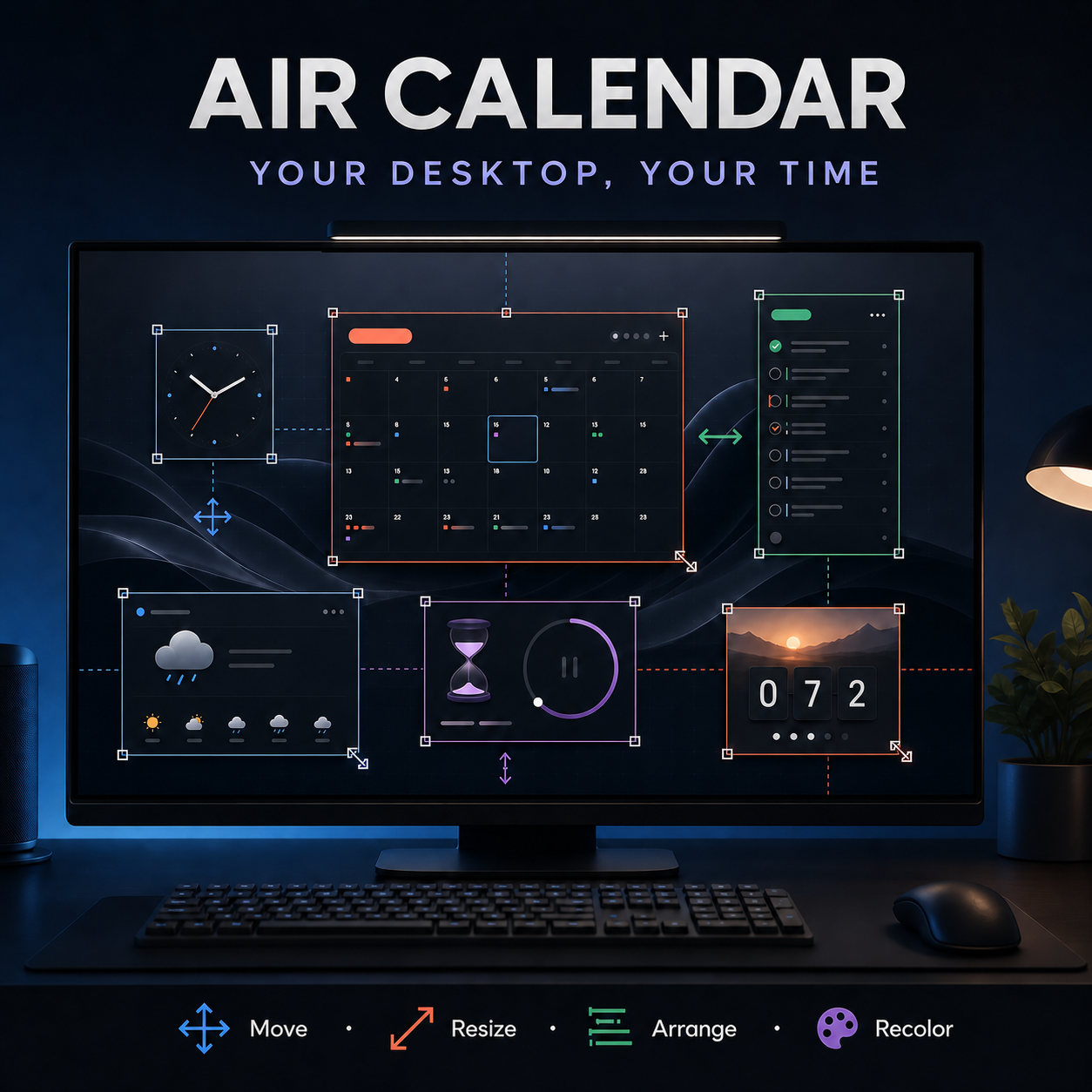 Air Calendar의 이동, 크기 조절, 배치, 색상 변경 기능을 보여주는 정사각형 홍보 이미지