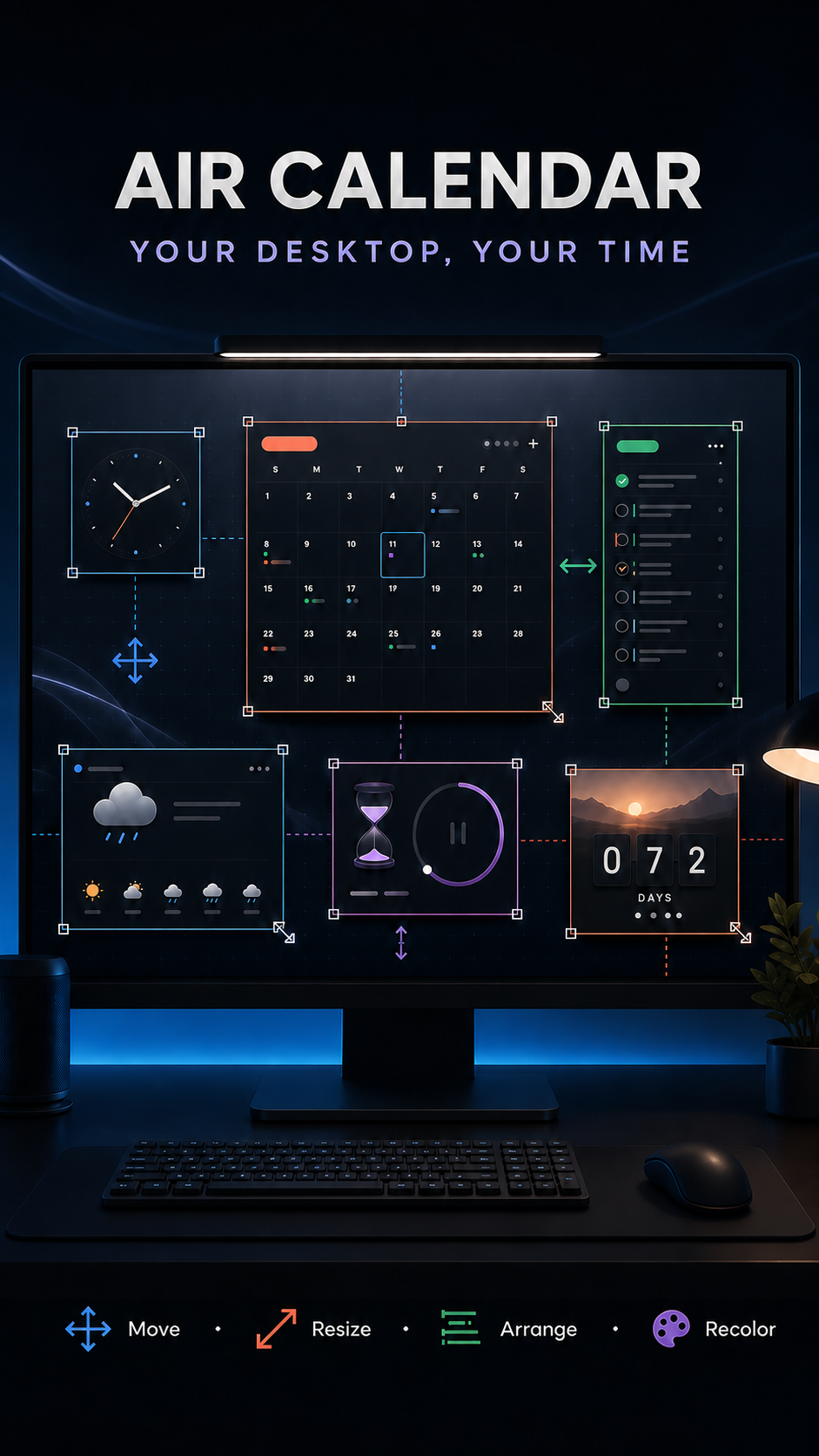 Air Calendar의 이동, 크기 조절, 배치, 색상 변경 기능을 보여주는 세로형 홍보 이미지