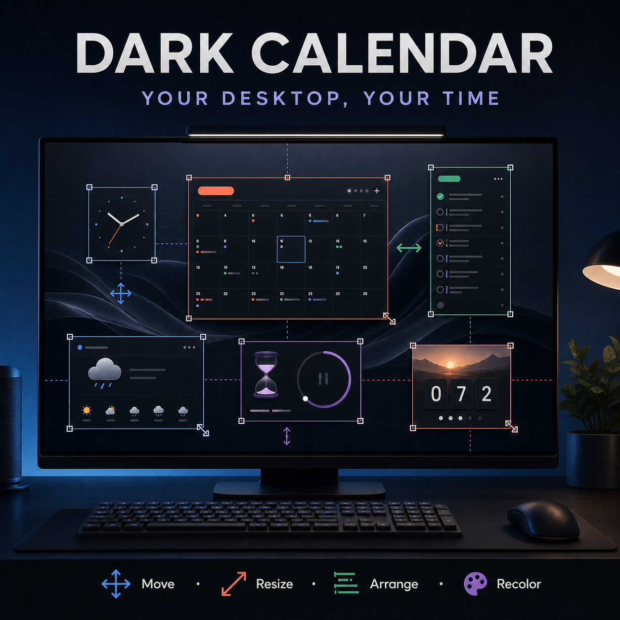 Dark Calendar의 이동, 크기 조절, 배치, 색상 변경 기능을 보여주는 정사각형 홍보 이미지