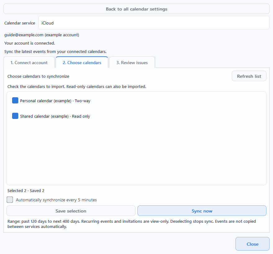 The 2. Choose calendars tab in CalDAV with iCloud selected, showing example calendar checkboxes and Save selection.