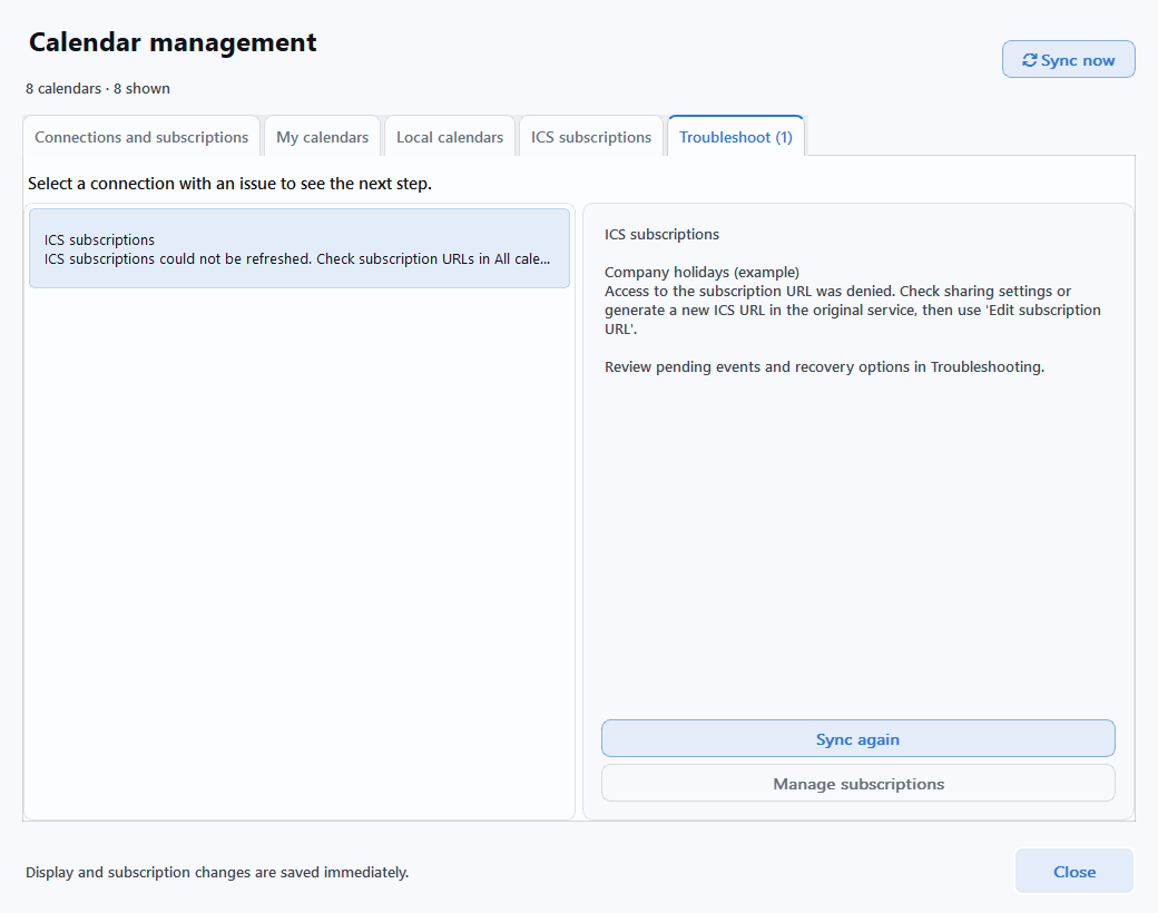 The Troubleshoot tab in Calendar management, where you select a service to check its status and next action.