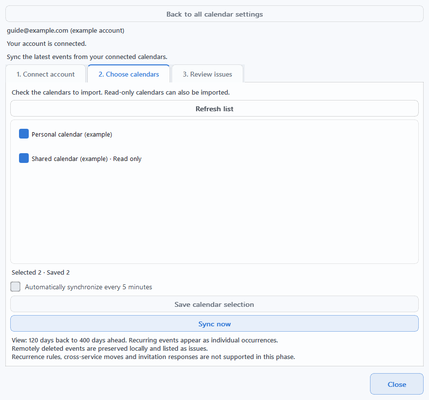 Outlook's 2. Choose calendars tab, showing example calendar checkboxes, Save calendar selection and automatic sync settings.